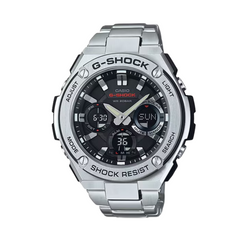 A CASIO G-SHOCK watch with a silver stainless steel band and casing, black dial, and digital display.