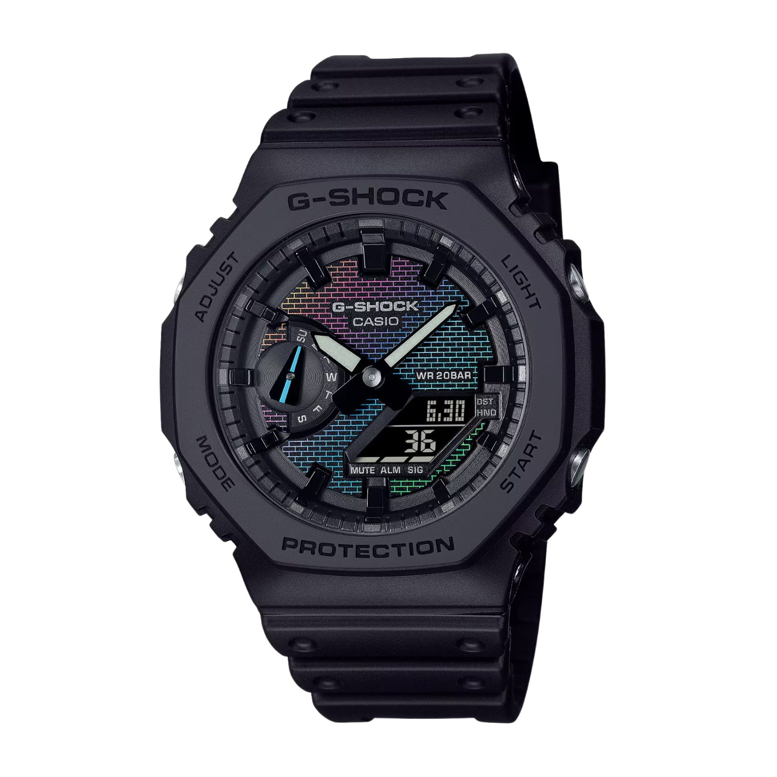 A black CASIO G-SHOCK watch with a patterned dial and LED light features visible.