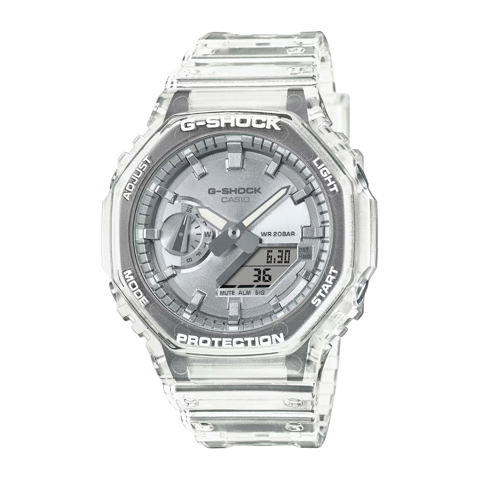 A CASIO G-SHOCK watch with a clear resin band and case, featuring a digital display and analog hands.