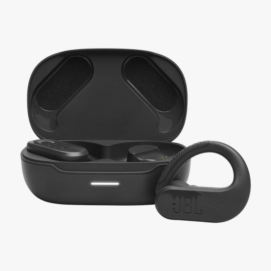 JBL Endurance Peak III waterproof true wireless in-ear sport headphones with a charging case, all in black color.