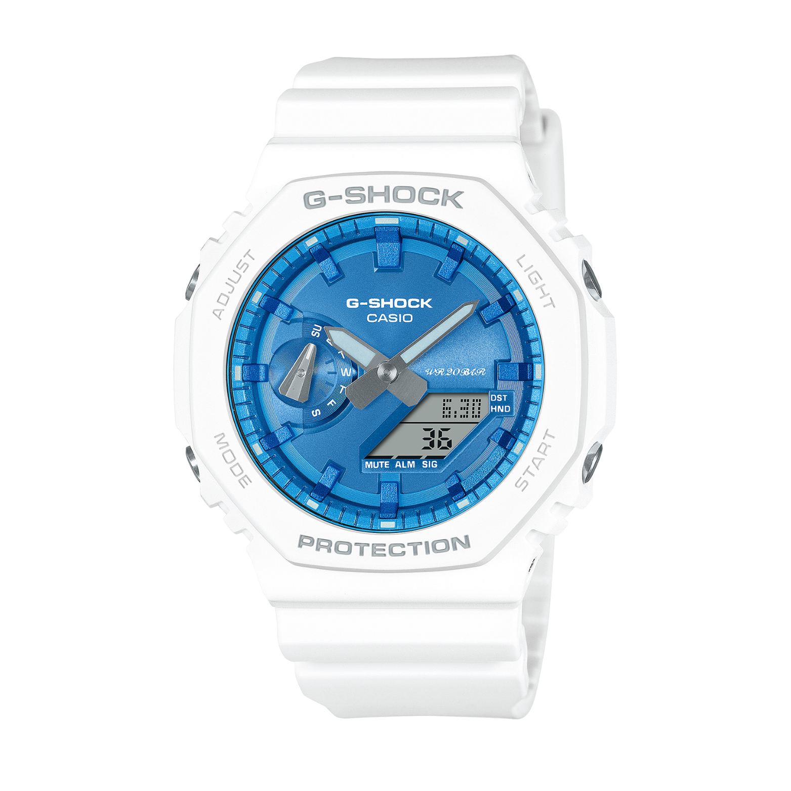 A Casio G-Shock watch with a white band and a blue analog dial with digital display features.