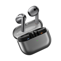 Wireless earbuds with charging case on a white background