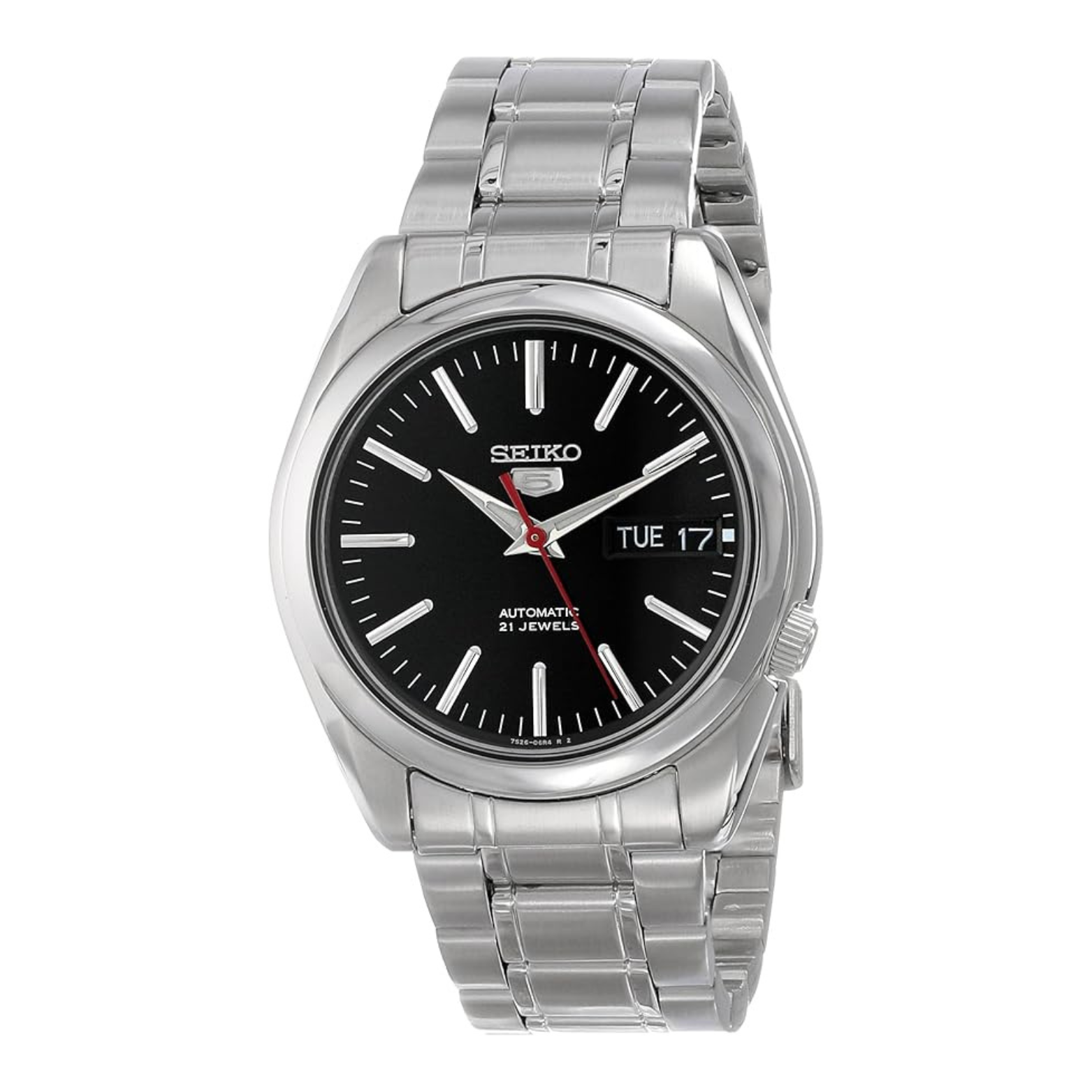 A Seiko watch with a black dial and a silver-tone stainless steel bracelet.