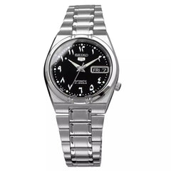 SEIKO SNK063J1 – Japan-Made Automatic Watch – 34mm Stainless Steel Case – Black Dial with Day/Date Function in English & Arabic – 100M Water Resistance - THE HAPPY BUY