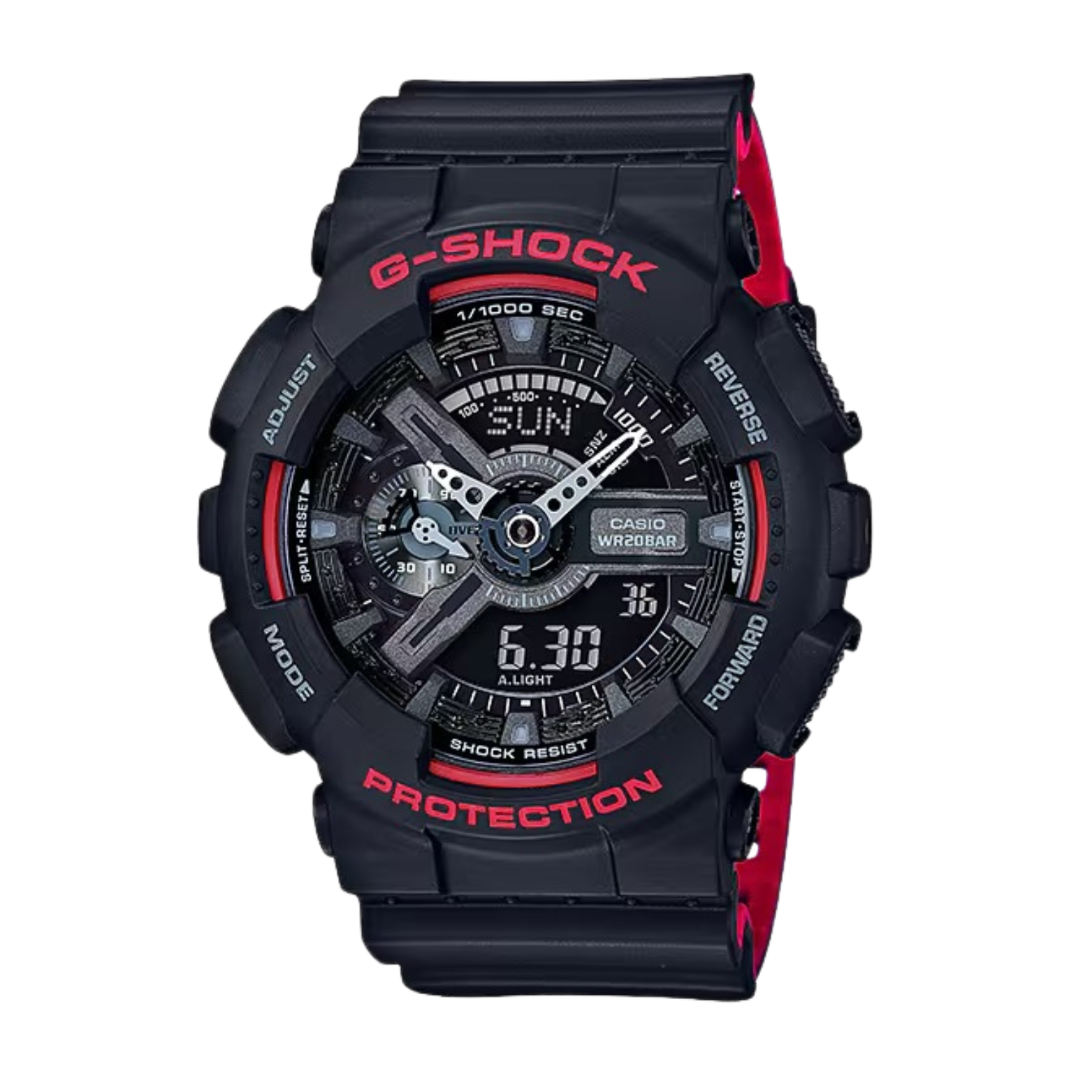 A black CASIO G-SHOCK watch with red accents on the band and casing, featuring a digital and analog display.