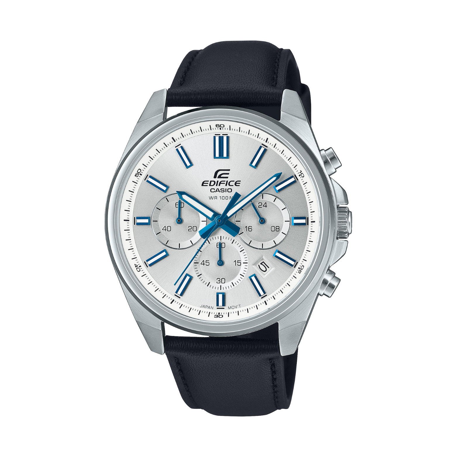 Edifice watch with black strap and silver case on a white background