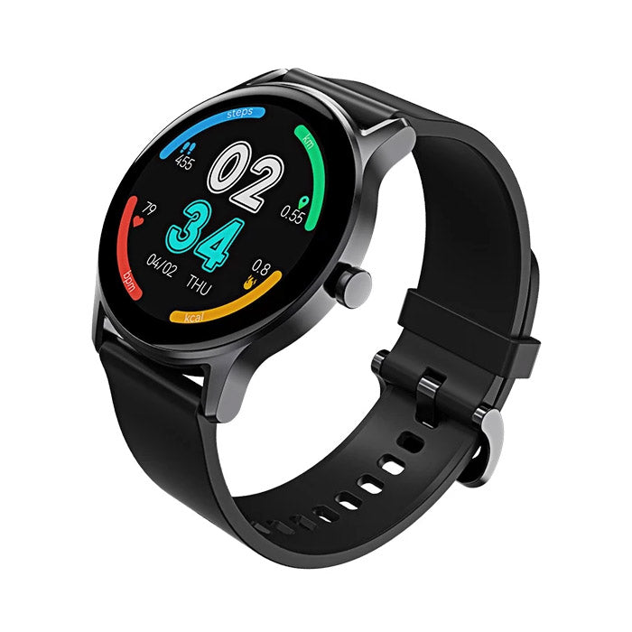 Black smartwatch with a colorful display on a white background