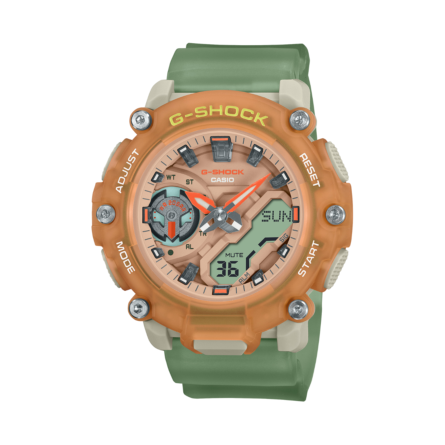 A Casio G-Shock watch with a green band and orange detailing on the dial, featuring analog and digital display.