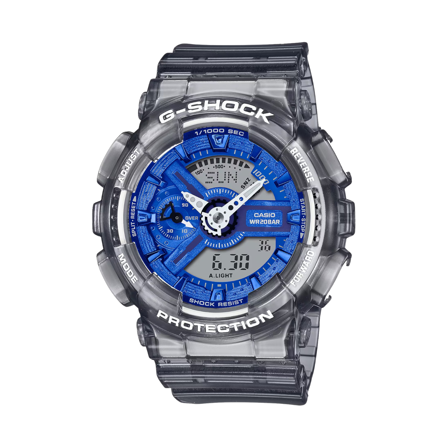 A Casio G-Shock watch with a blue analog dial and a gray resin strap, showcasing a digital and analog display, along with a LED light feature.