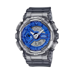 A Casio G-Shock watch with a blue analog dial and a gray resin strap, showcasing a digital and analog display, along with a LED light feature.