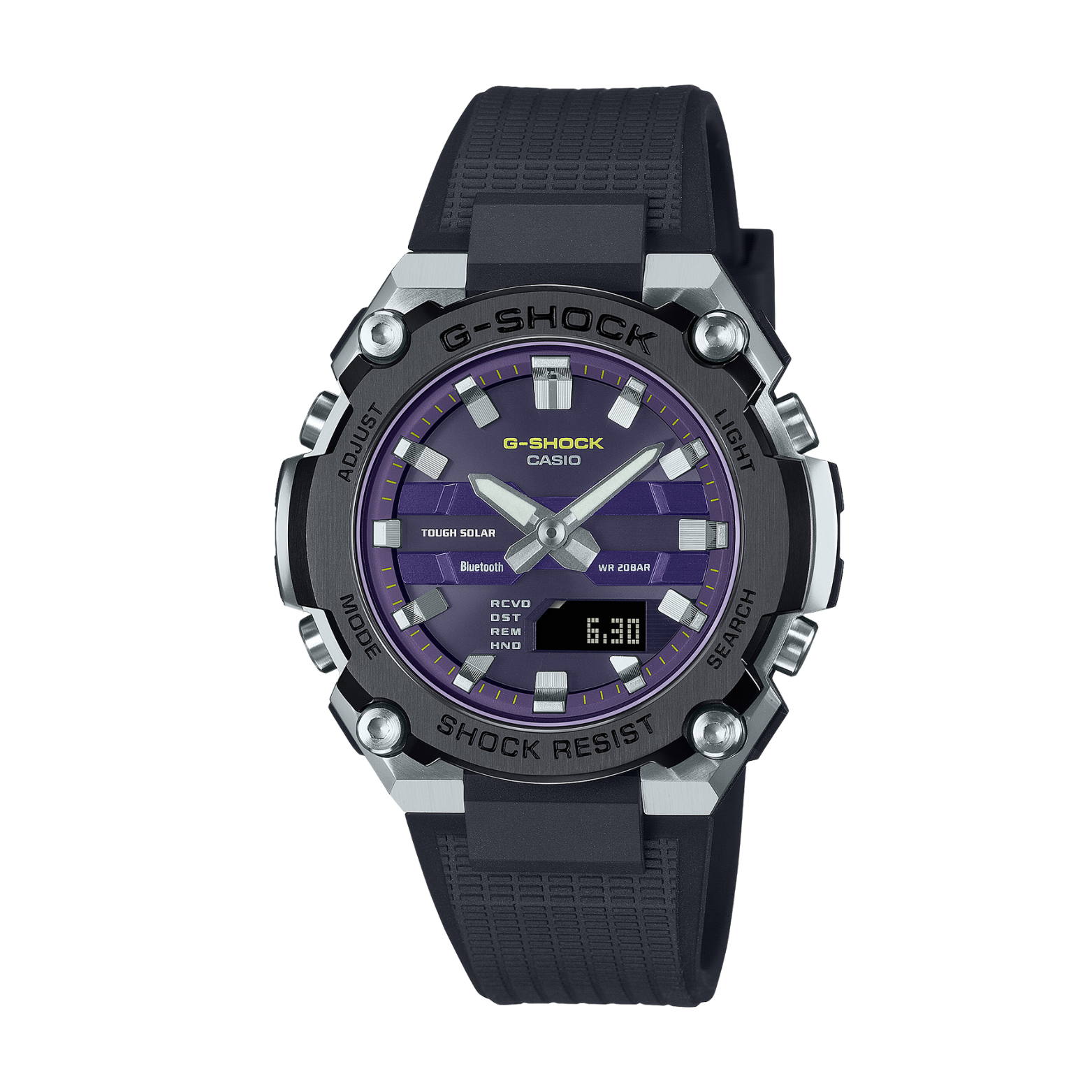 A black CASIO G-SHOCK watch with a black band and a black ion-plated bezel, displaying a purple dial.