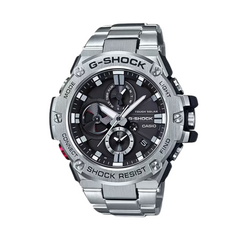 A CASIO G-SHOCK watch with a silver band and casing, featuring a black dial and multiple watch hands.