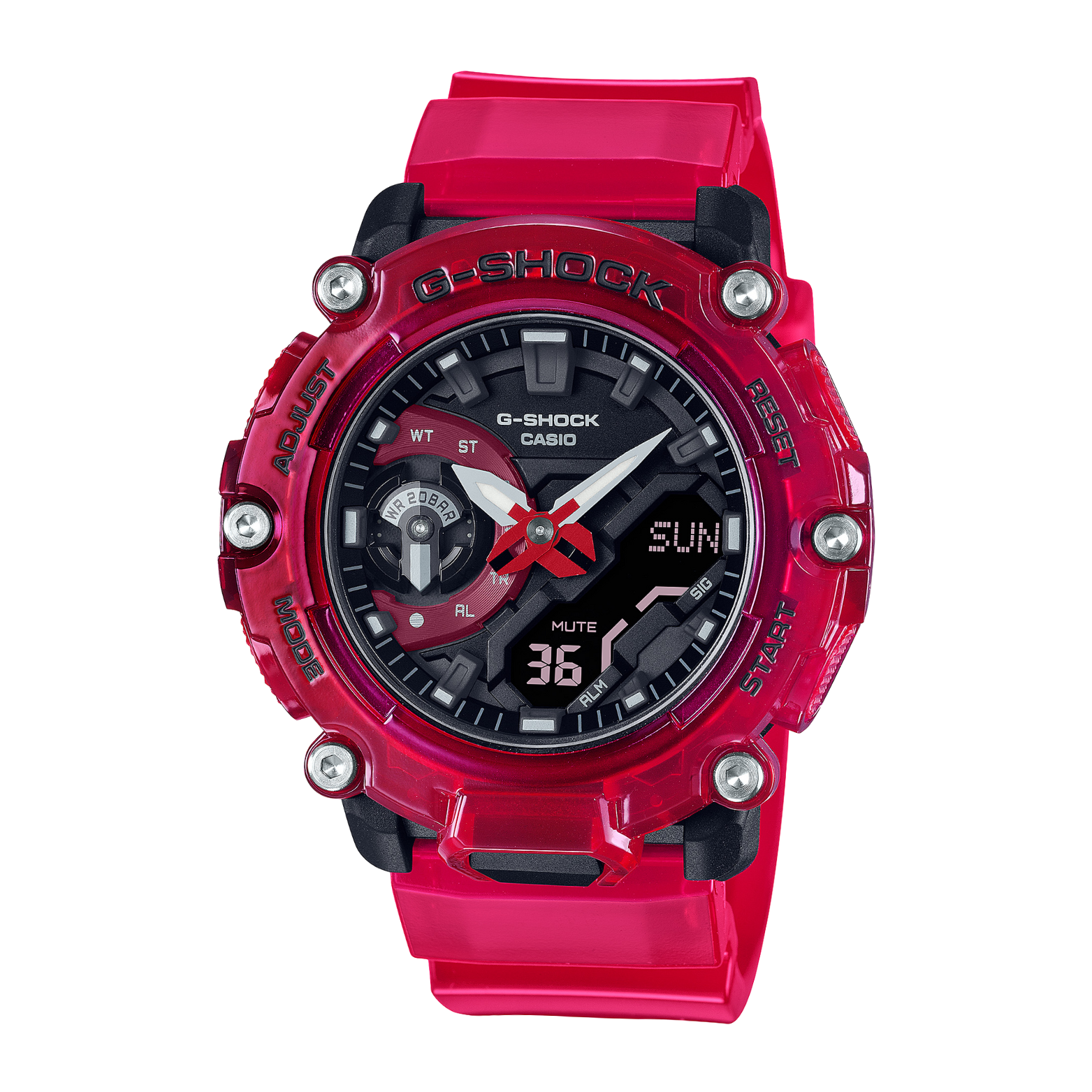 A red CASIO G-SHOCK GA-2200SKL-4A analog-digital watch with a black dial, red resin band, and resin case.