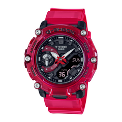 A red CASIO G-SHOCK GA-2200SKL-4A analog-digital watch with a black dial, red resin band, and resin case.