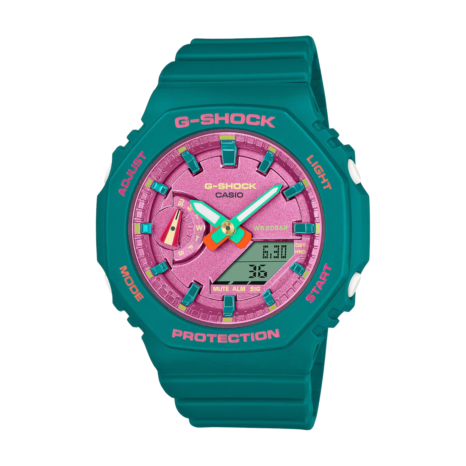 A Casio G-Shock watch with a green band and case, featuring a pink dial and multicolored accents.