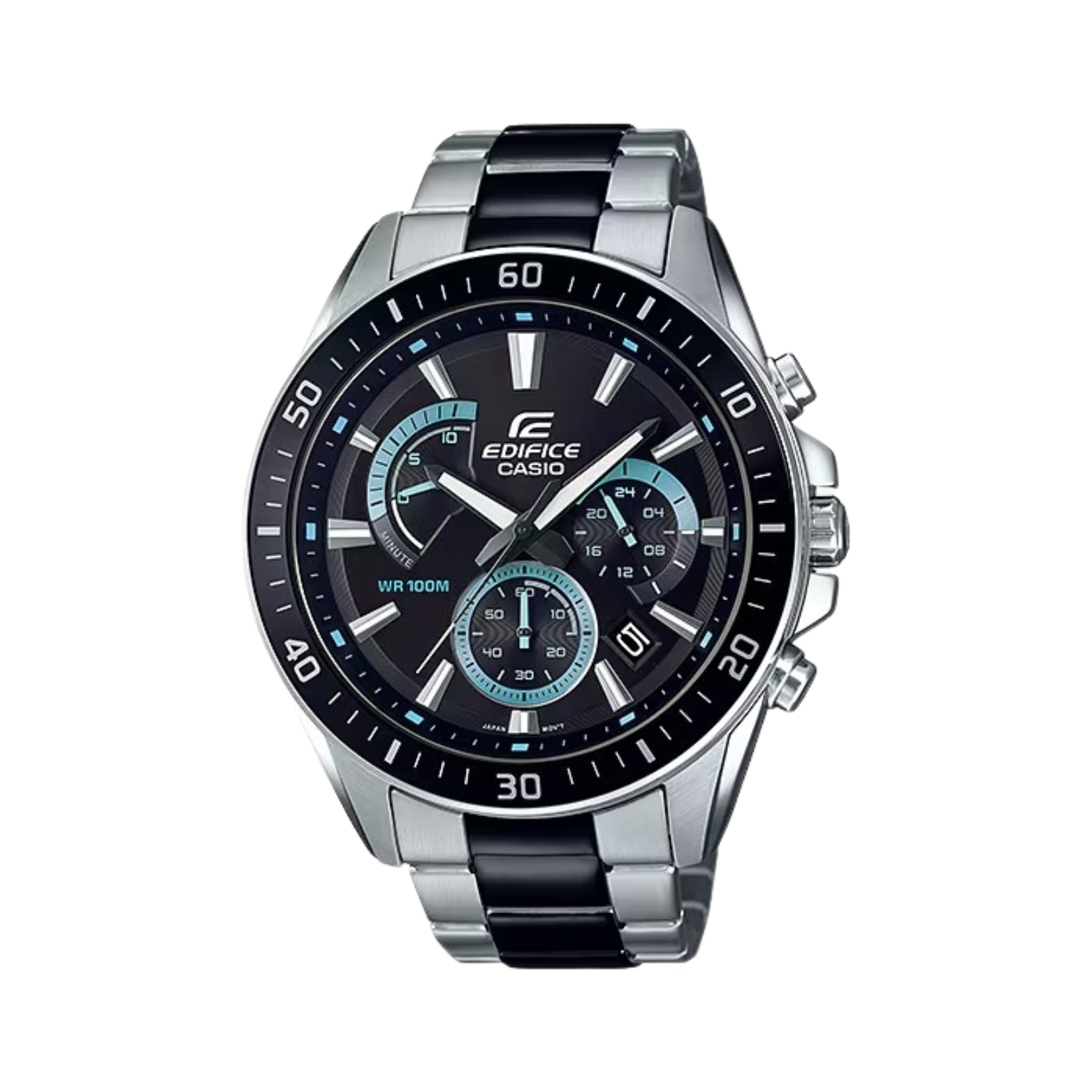 A black CASIO EDIFICE analog watch with a stainless steel band and a black ion plated band. It features a black dial with blue accents, multiple dials, and a tachymeter scale.