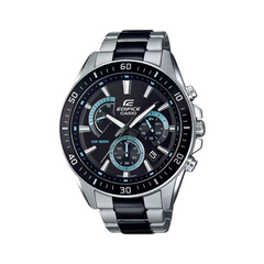 A black CASIO EDIFICE analog watch with a stainless steel band and a black ion plated band. It features a black dial with blue accents, multiple dials, and a tachymeter scale.