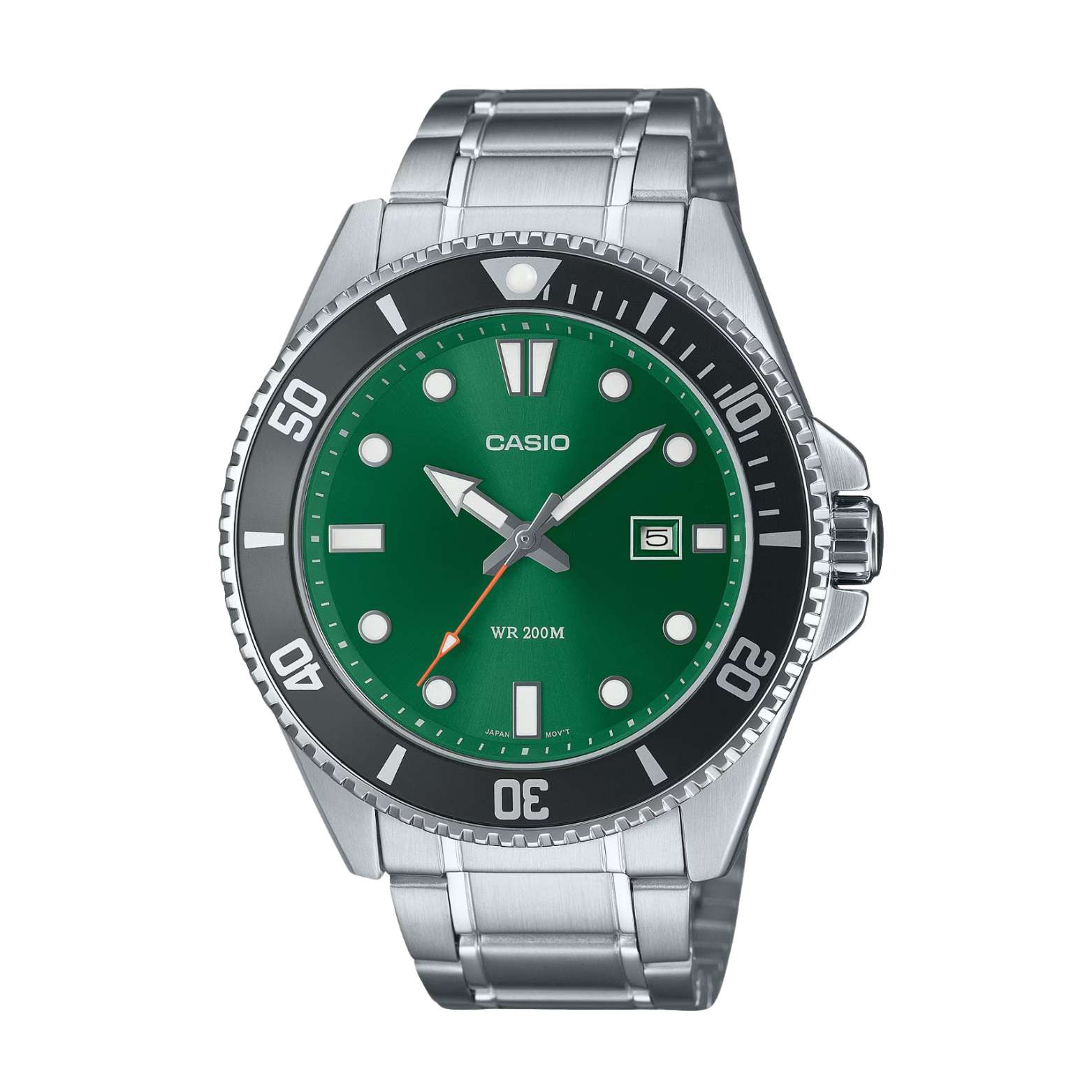 A CASIO analog watch with a green dial, stainless steel band, and date display.