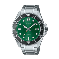 A CASIO analog watch with a green dial, stainless steel band, and date display.
