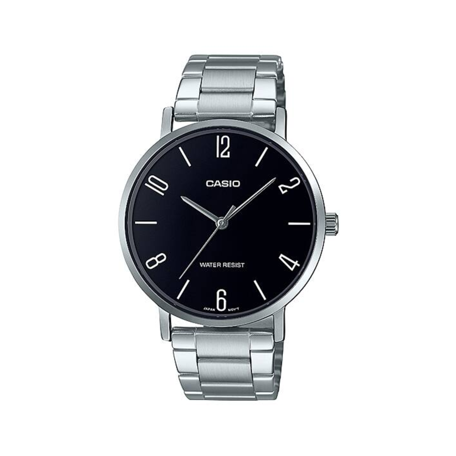 Casio watch with black face and silver metal strap on a white background