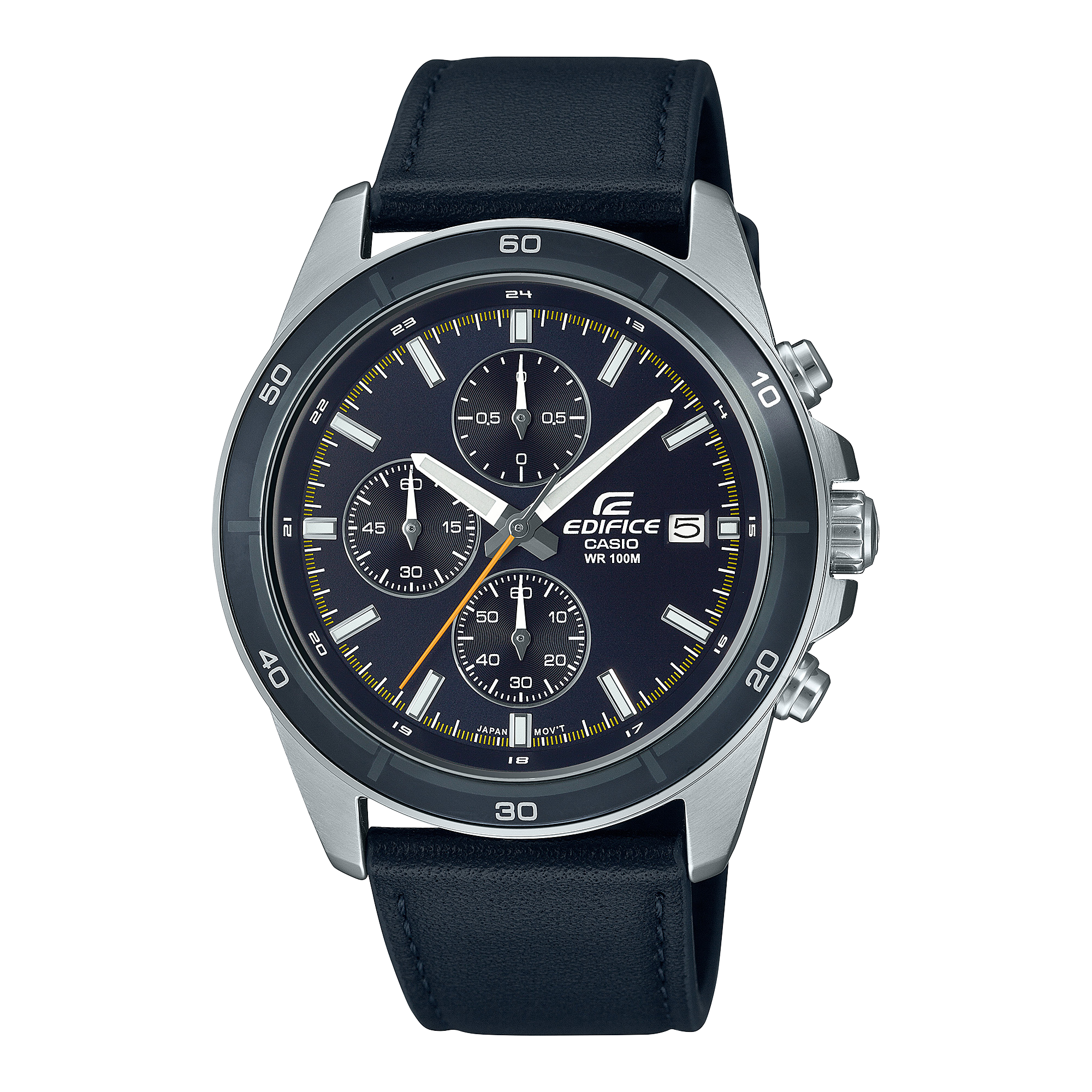 A Casio Edifice EFR-526L-2CVUDF watch with a black band and a black dial featuring a stopwatch display, sub-dials, and a tachymeter.