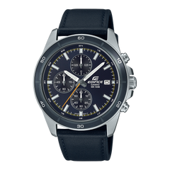 A Casio Edifice EFR-526L-2CVUDF watch with a black band and a black dial featuring a stopwatch display, sub-dials, and a tachymeter.