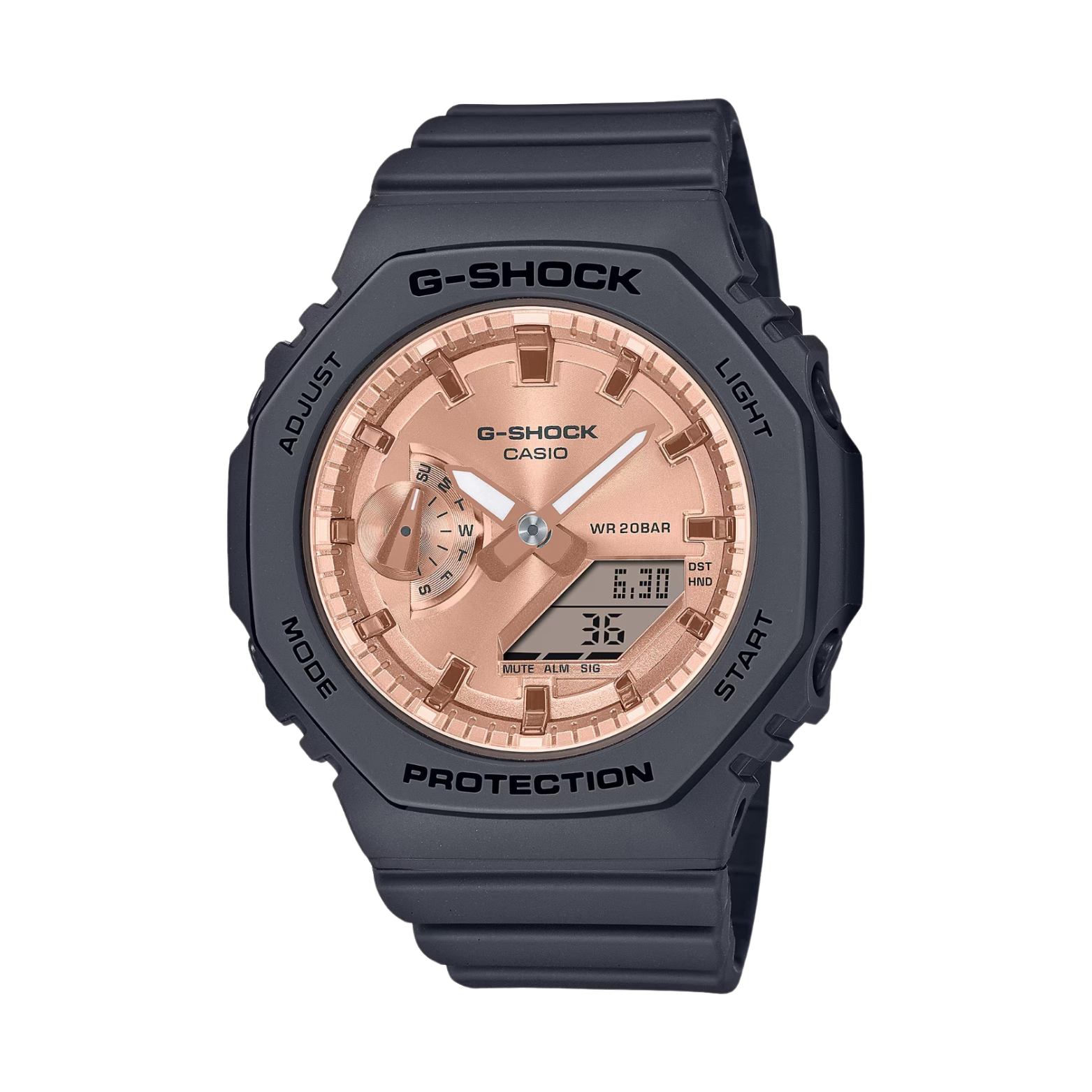 A Casio G-Shock watch with a black resin band and case, featuring a rose gold dial and digital display.