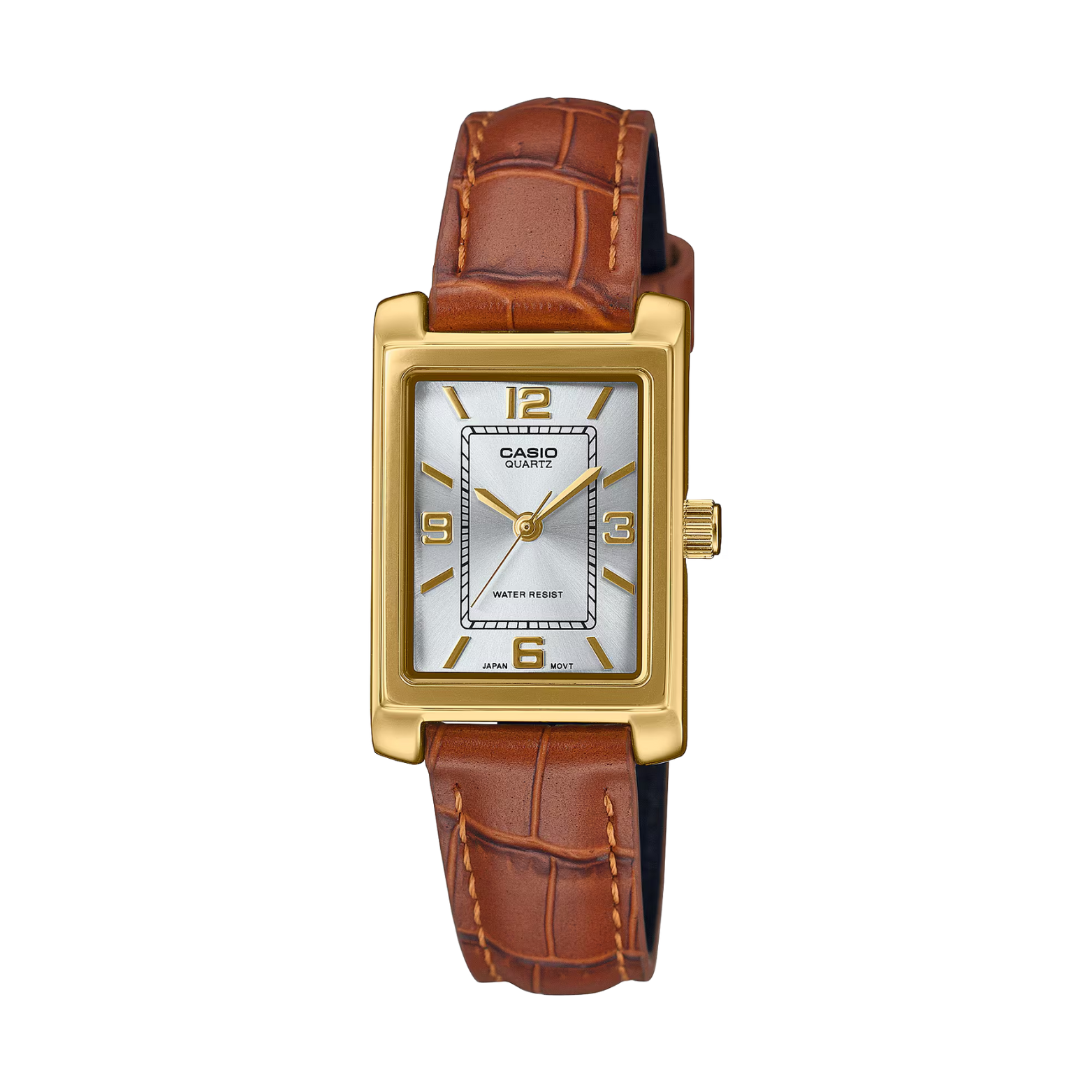 Casio watch with brown leather strap on a white background