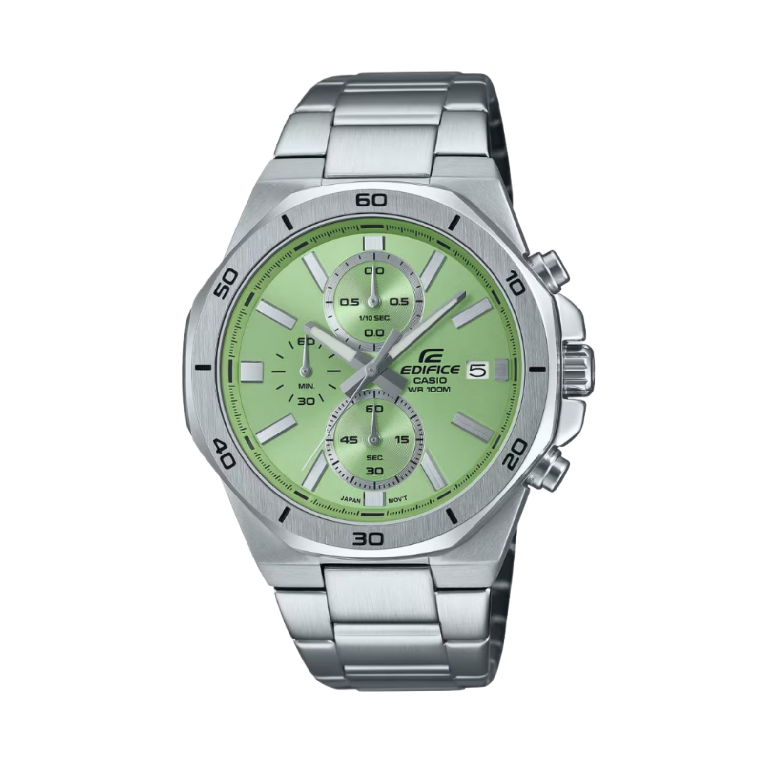 A green-dial CASIO EDIFICE analog watch with a stainless steel band and case, showcasing the brand logo at the 12 o'clock position.