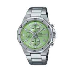 A green-dial CASIO EDIFICE analog watch with a stainless steel band and case, showcasing the brand logo at the 12 o'clock position.