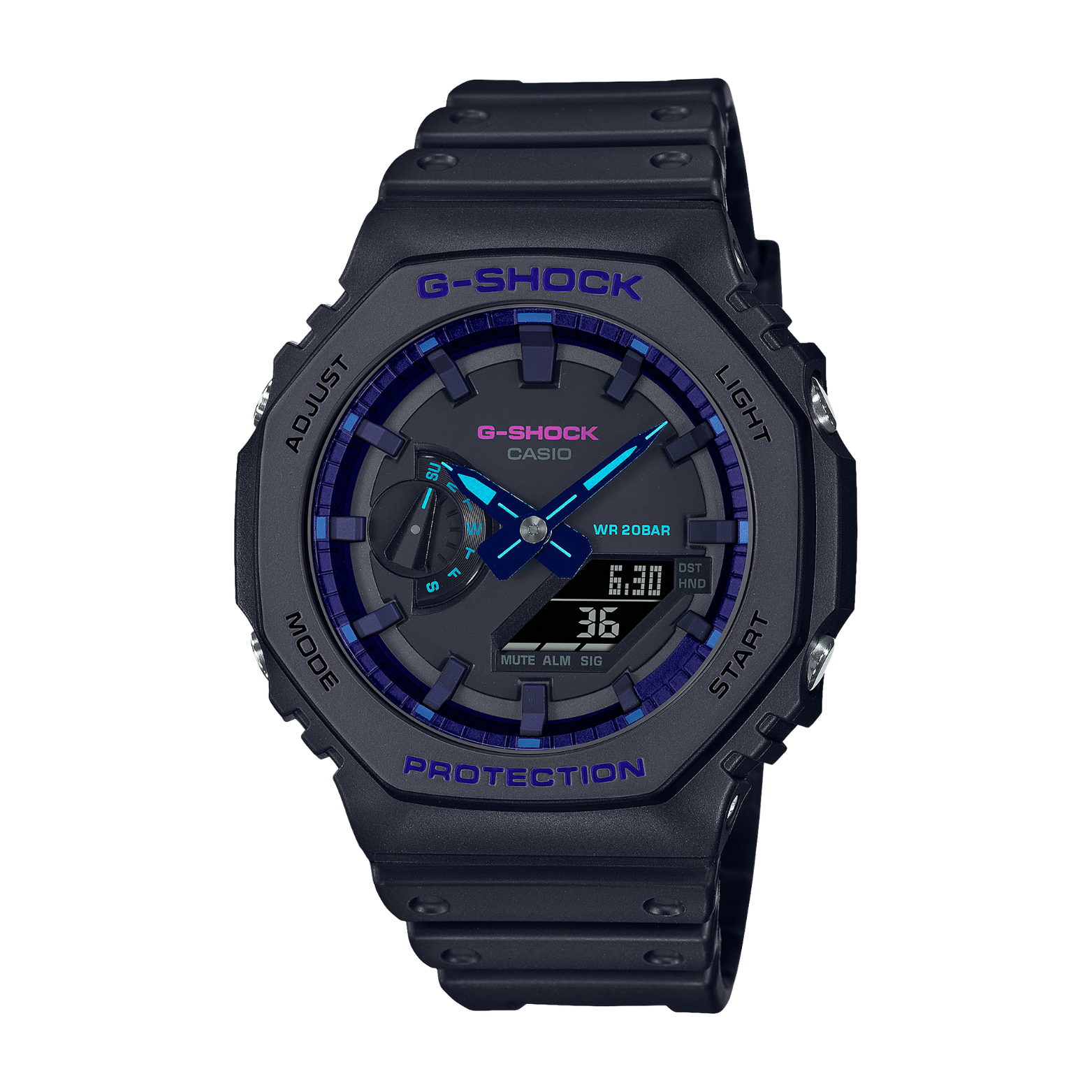 A black CASIO G-SHOCK watch with a digital display and analog hands, featuring blue accents on the watch face.