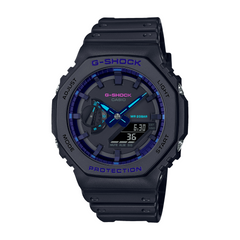 A black CASIO G-SHOCK watch with a digital display and analog hands, featuring blue accents on the watch face.