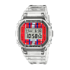 A digital CASIO G-SHOCK watch with a clear resin band and a red and white digital display.