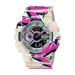A Casio G-Shock GA-110SS-1ADR watch with a camouflage pattern in pink, black, and white colors, featuring an analog-digital display.
