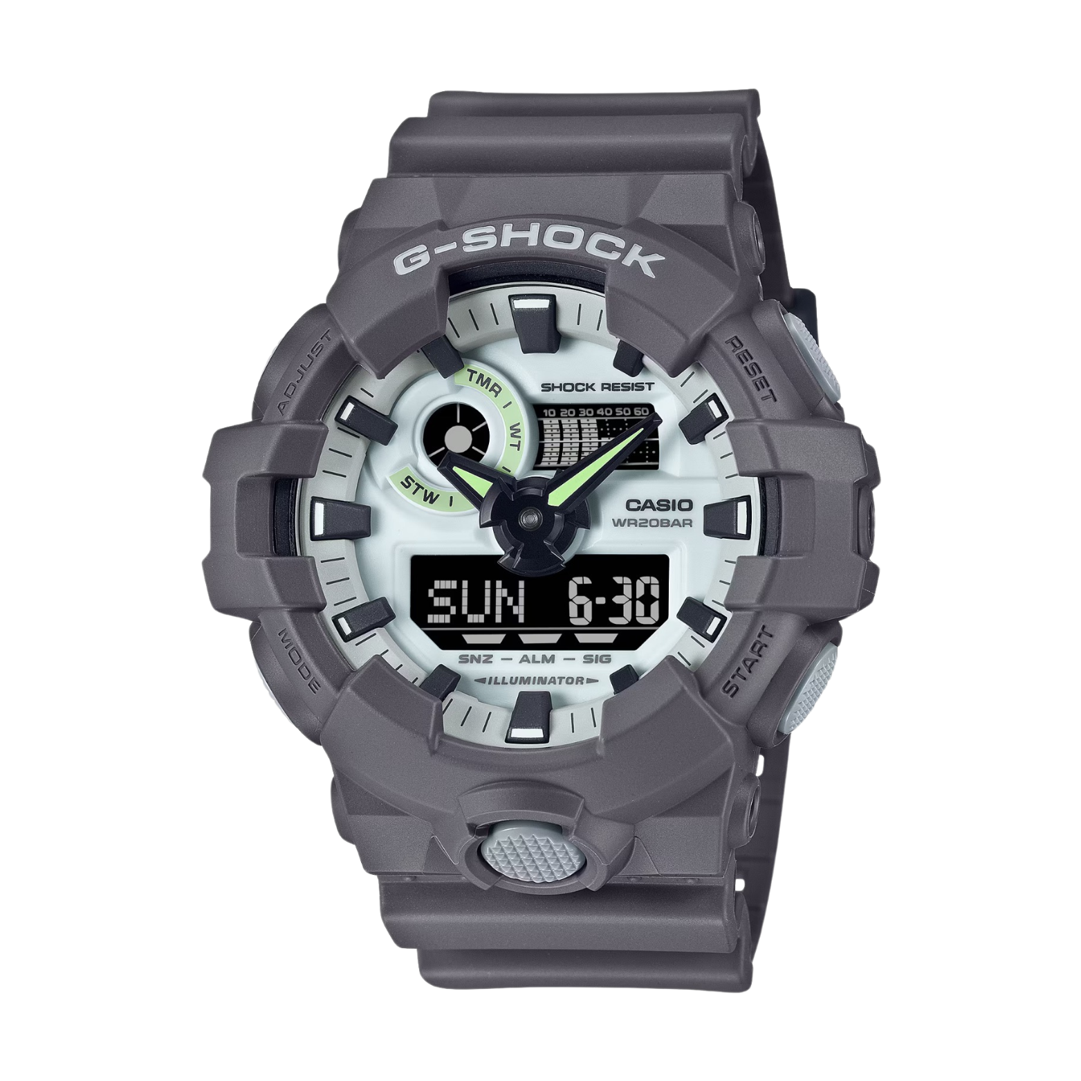 A CASIO G-SHOCK watch with a gray case and resin band, featuring a digital display and multiple watch features.