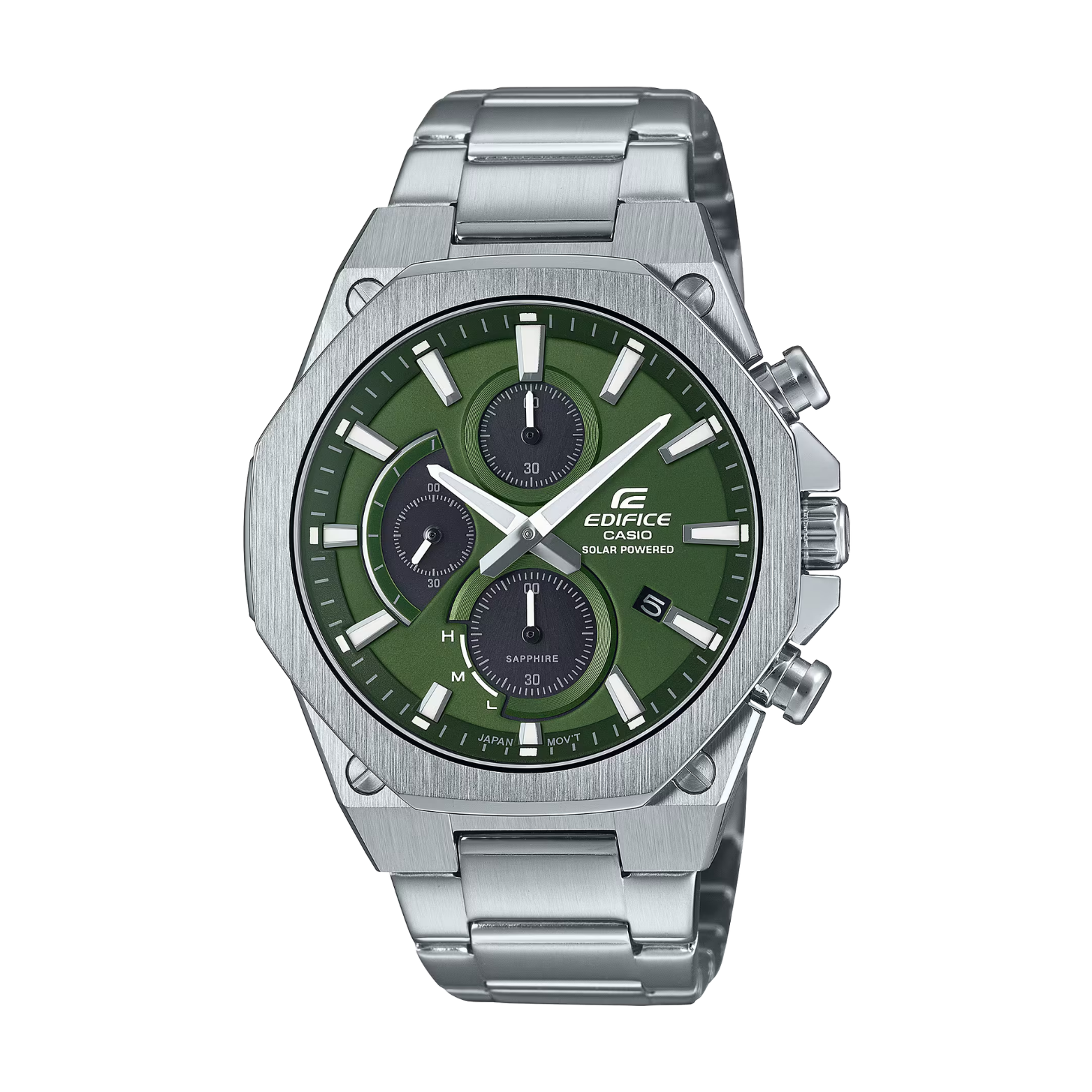 Silver watch with green dial on a white background