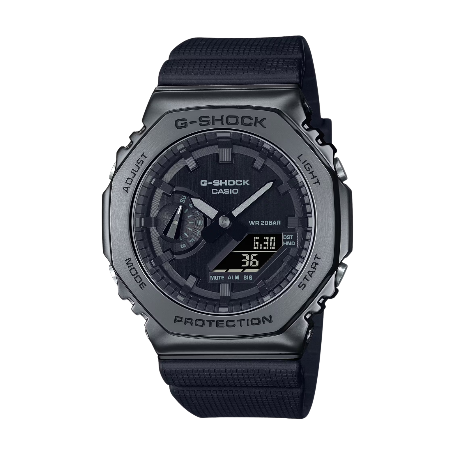 A black CASIO G-SHOCK watch with a digital display and resin band.