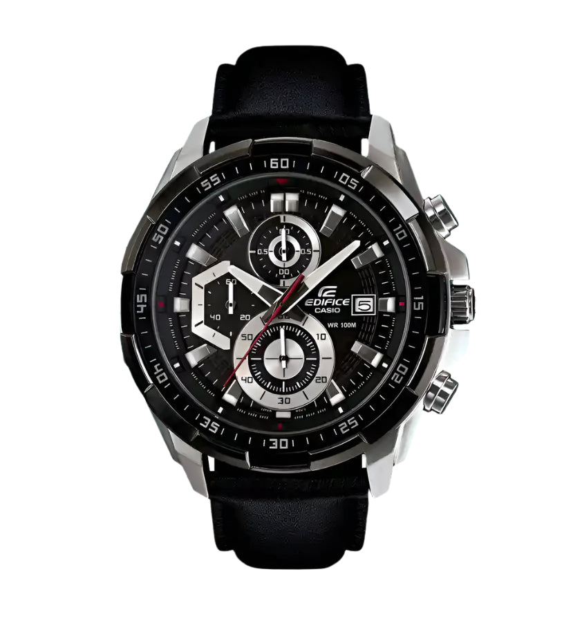 Casio Edifice EFR-539L-1AVUDF Men’s Chronograph Watch – Black Dial, Black Leather Strap, Quartz Analog with Date, Stainless Steel Case – Premium Sport & Business Style - THE HAPPY BUY