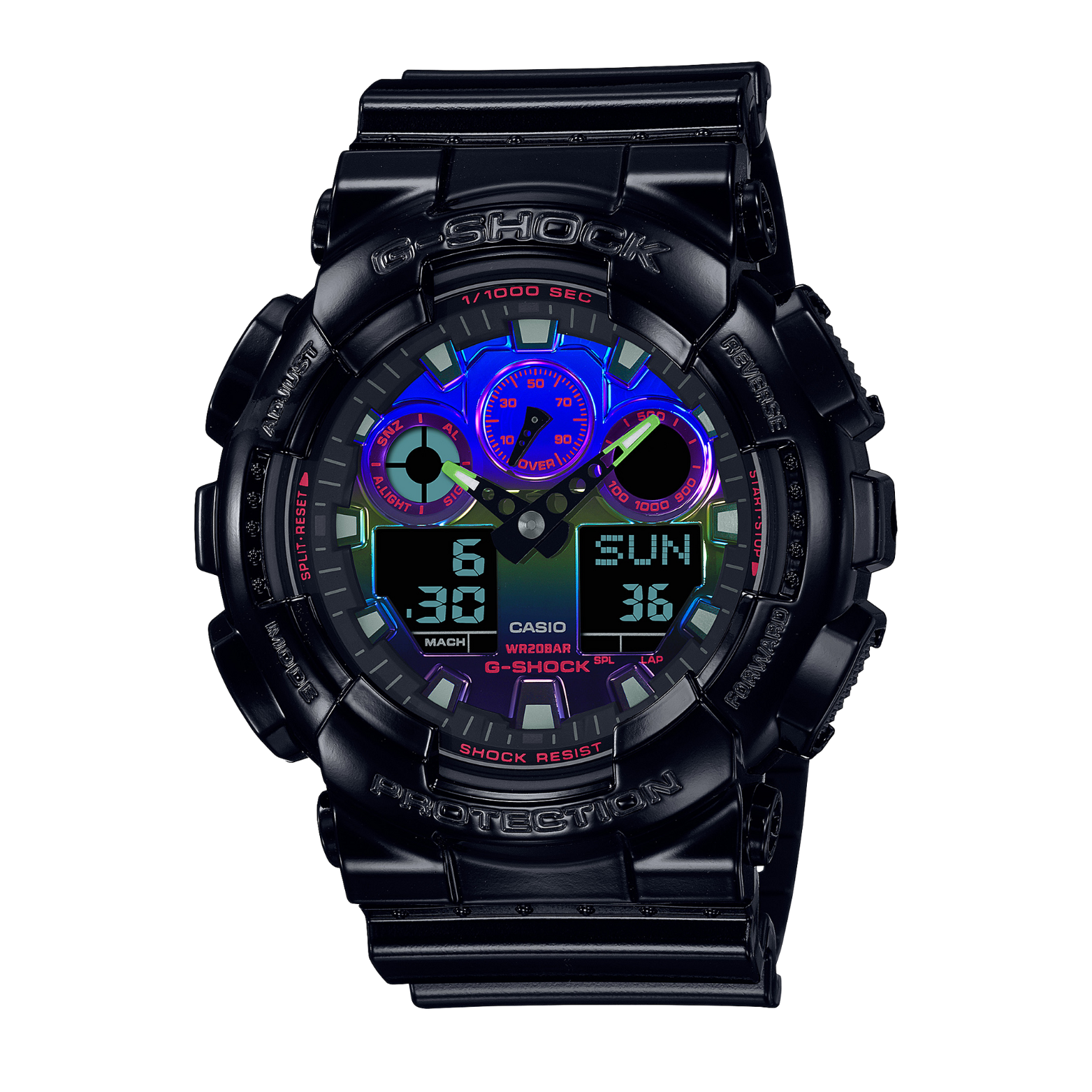 A black CASIO G-SHOCK watch with a multicolored digital dial and resin band.