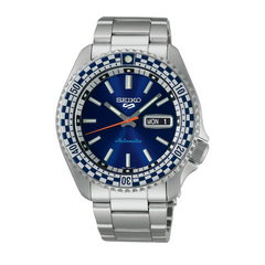 A Seiko watch with a blue dial, silver metallic band, and a checkered bezel.
