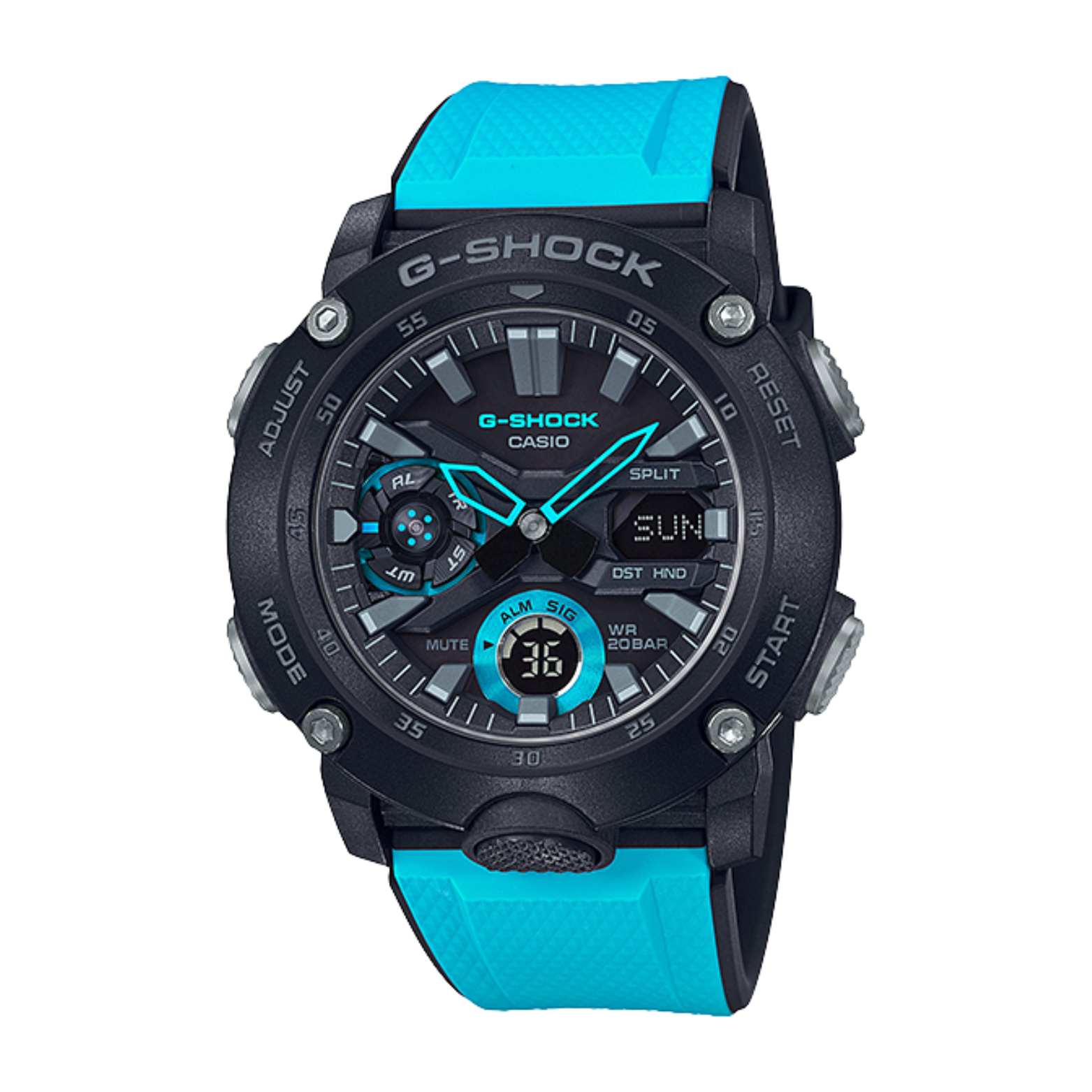 A Casio G-Shock GA-2000-1A2 watch with a black case and blue resin band.