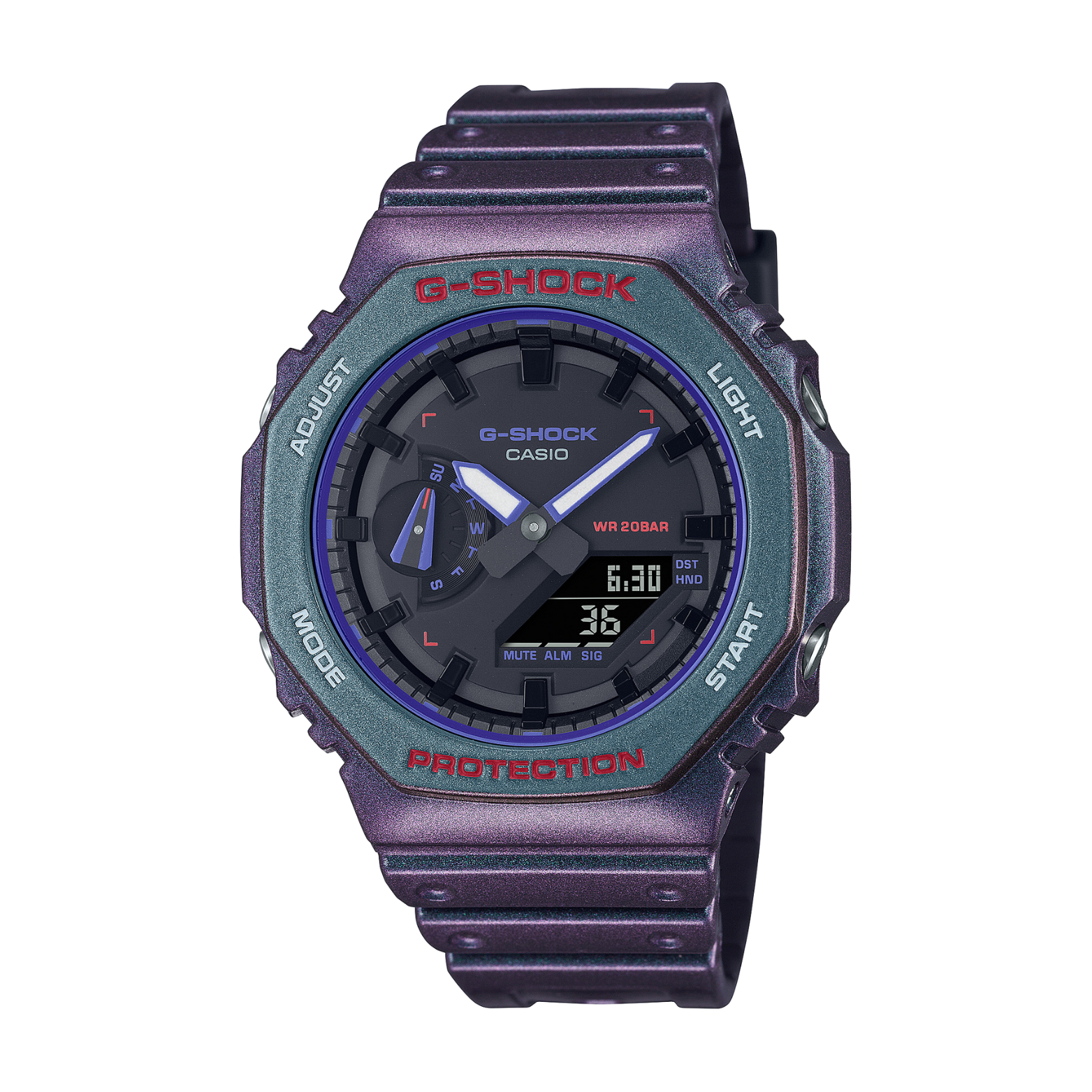 A CASIO G-SHOCK watch with a black band and case, featuring a digital display and world time zone indicators.