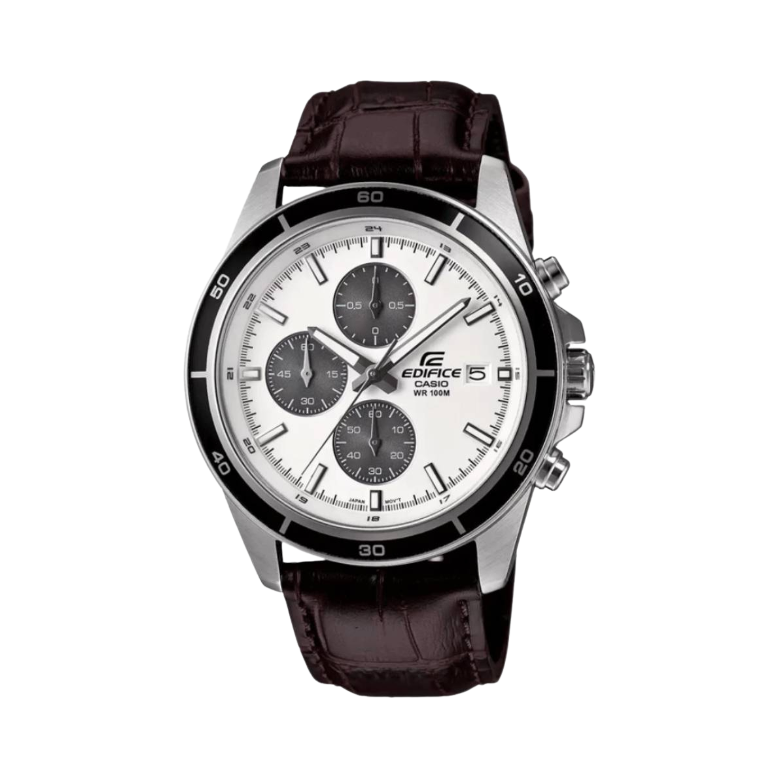 A Casio Edifice analog watch with a white dial, black Chronograph sub-dials, and a brown genuine leather band.