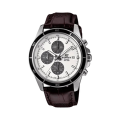 A Casio Edifice analog watch with a white dial, black Chronograph sub-dials, and a brown genuine leather band.