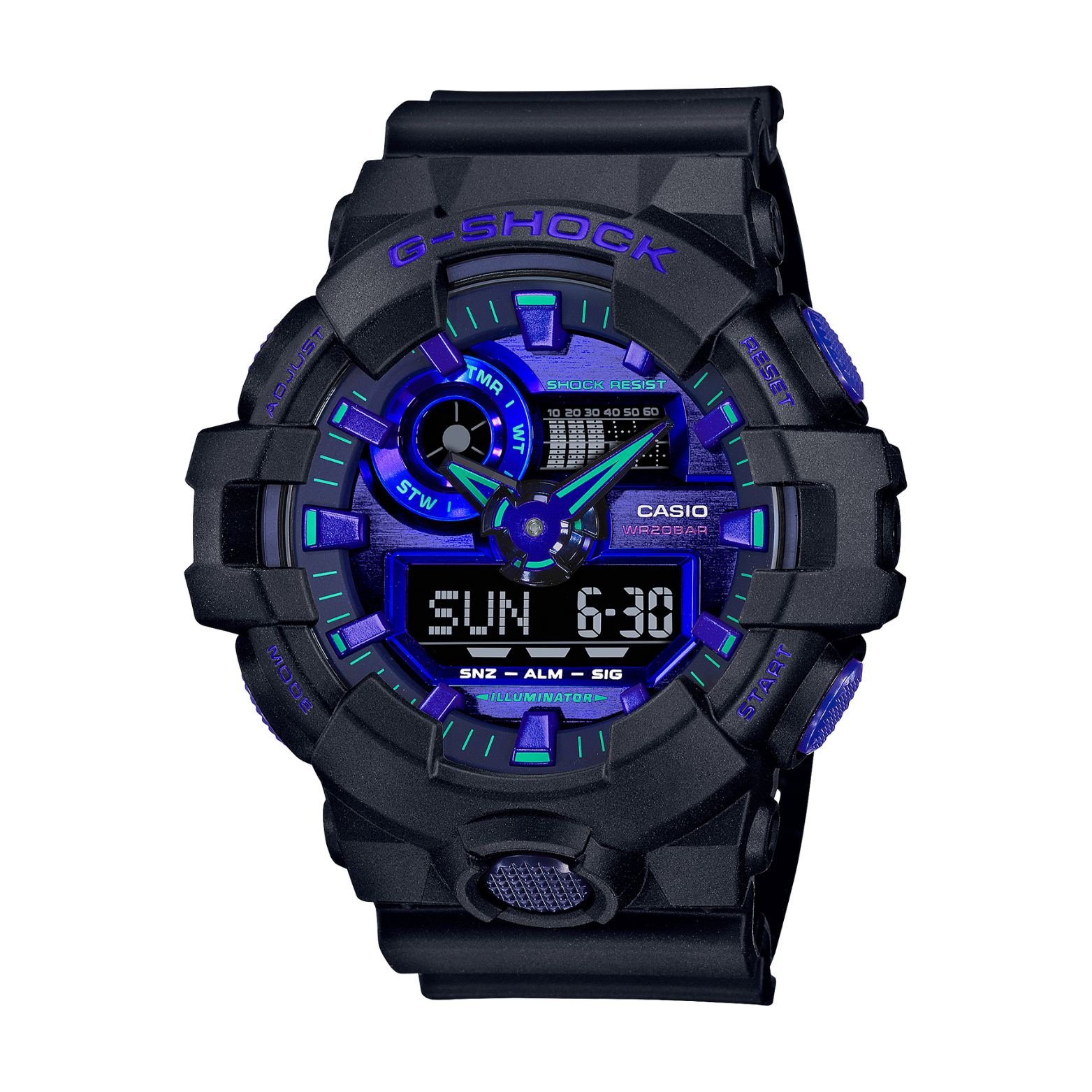 A black CASIO G-SHOCK watch with blue accents on the dial and a digital display.