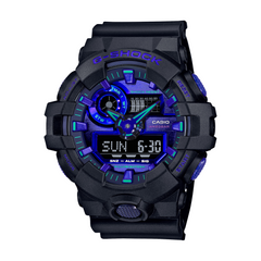 A black CASIO G-SHOCK watch with blue accents on the dial and a digital display.