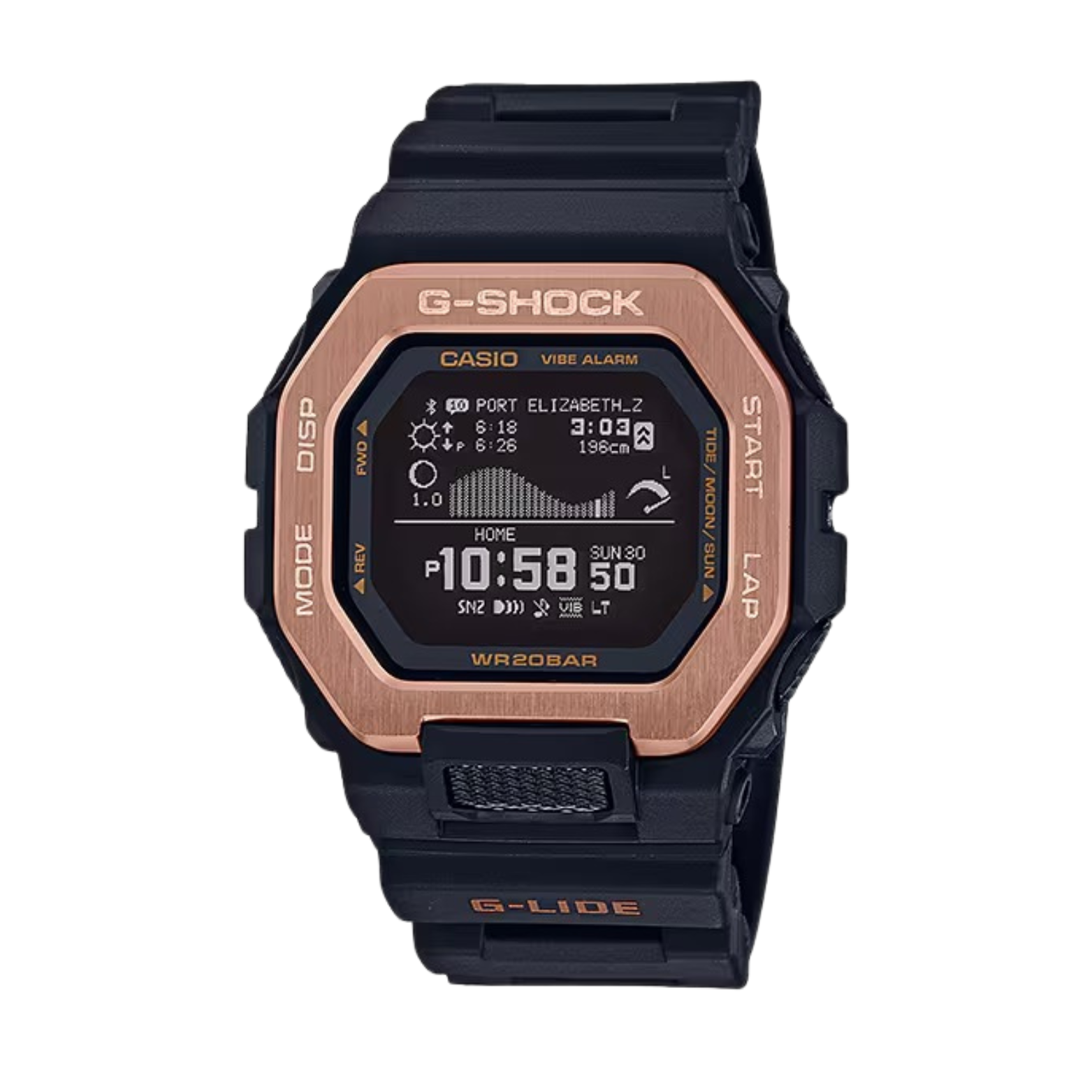 A Casio G-Shock watch with a black band and case, featuring a gold ion plated bezel and digital display.