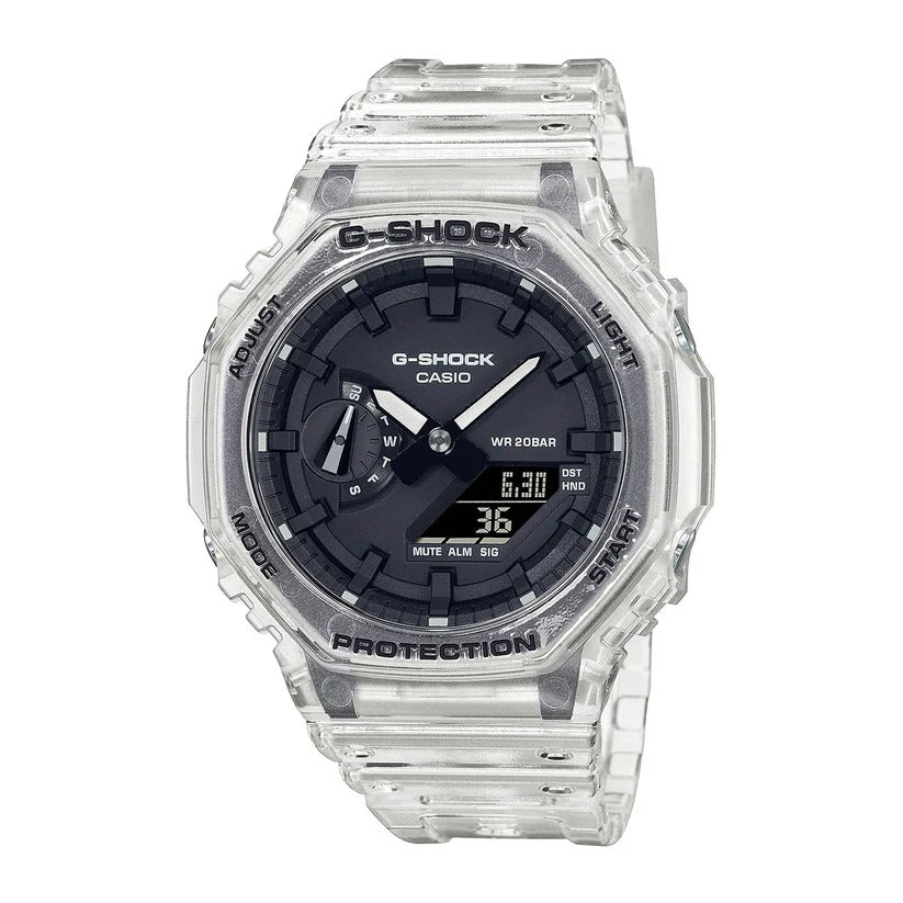 A CASIO G-SHOCK watch with a clear resin band and case, featuring a black analog dial with digital readouts and buttons for various watch functions.