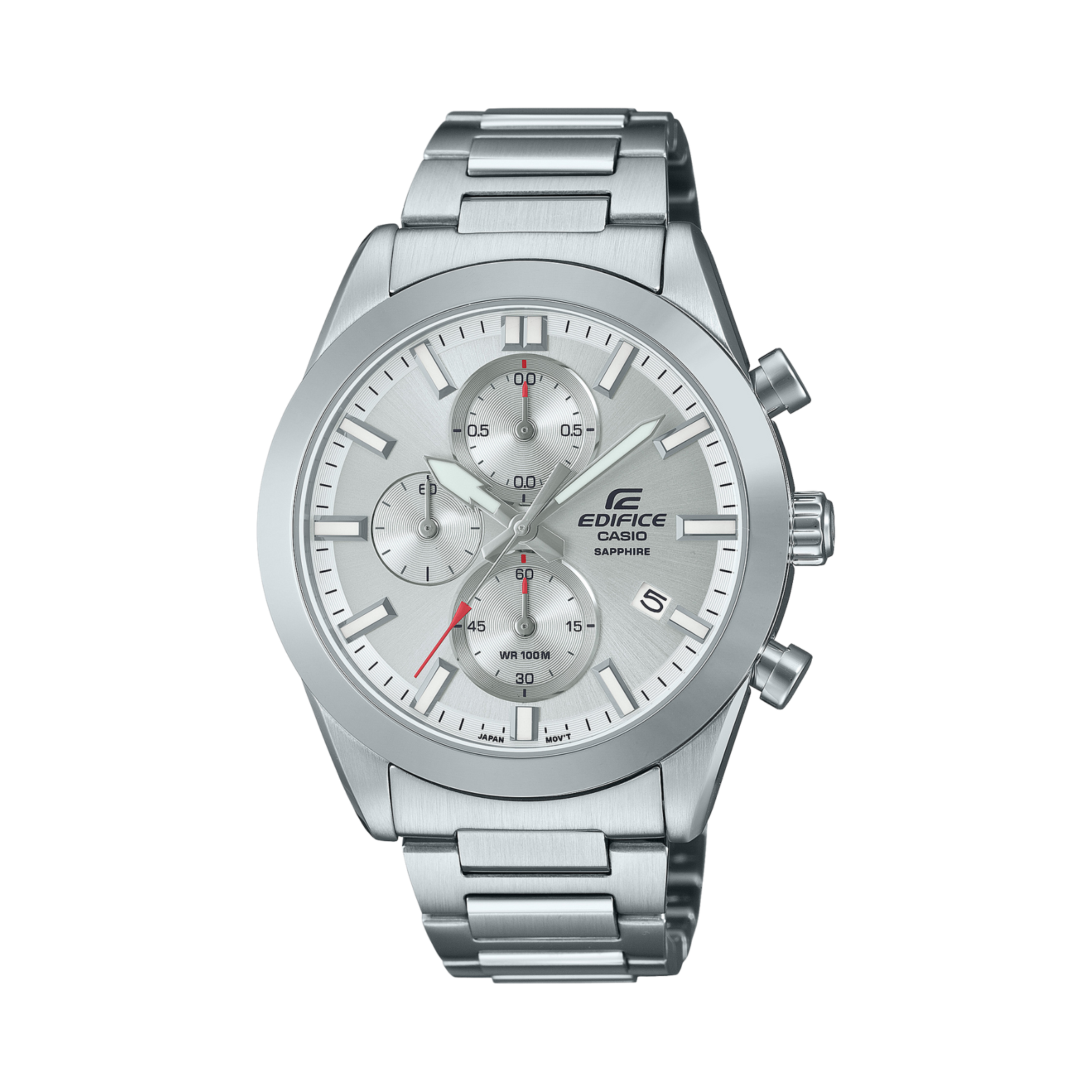 A silver Casio Edifice analog watch with a stainless steel band and a white dial featuring a stopwatch display.