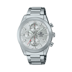 A silver Casio Edifice analog watch with a stainless steel band and a white dial featuring a stopwatch display.